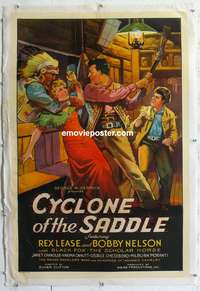 2x089 CYCLONE OF THE SADDLE linen 1sheet '35 stone litho art of Rex Lease saving girl from Indian!