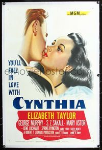 2x090 CYNTHIA linen one-sheet '47 stone litho close up of sexy Elizabeth Taylor kissing Jimmy Lydon!