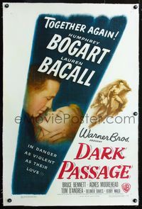 2x093 DARK PASSAGE linen 1sheet '47 great romantic close up of Humphrey Bogart & sexy Lauren Bacall!