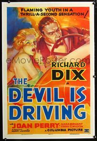 2x101 DEVIL IS DRIVING linen 1sheet '37 classic colorful art of crazed couple driving at high speed!