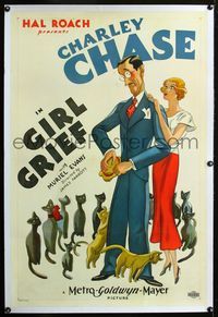 2x137 GIRL GRIEF linen 1sh '32 great colorful art of Charley Chase scared by a dozen cats, Hal Roach