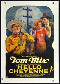 2x001 HELLO CHEYENNE linen one-sheet '28 cool stone litho art of Tom Mix talking on early telephone!