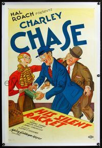 2x155 HIS SILENT RACKET linen 1sh '33 great colorful art of Charley Chase being swindled, Hal Roach!