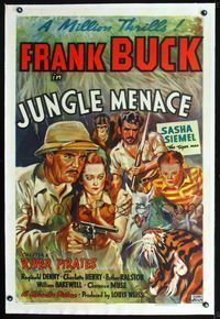 2x172 JUNGLE MENACE linen Chap 1 one-sheet '37 Frank Buck jungle adventure serial, cool artwork!