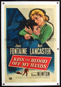 2x180 KISS THE BLOOD OFF MY HANDS linen 1sheet '48 close up art of Burt Lancaster & Joan Fontaine!
