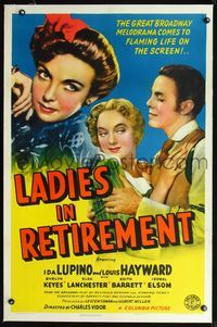 2x182 LADIES IN RETIREMENT linen one-sheet '41 art of Ida Lupino, Louis Hayward & Evelyn Keyes!