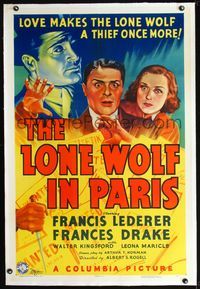 2x193 LONE WOLF IN PARIS linen one-sheet '38 art of detective Francis Lederer & Frances Drake!