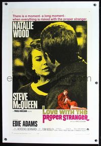 2x197 LOVE WITH THE PROPER STRANGER linen 1sh '64 romantic close up of Natalie Wood & Steve McQueen!