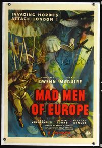 2x200 MAD MEN OF EUROPE linen 1sh '40 early WWII propaganda, art of paratroopers falling on London!