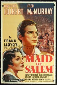 2x201 MAID OF SALEM linen 1sheet '37 art of Claudette Colbert, saved by Fred MacMurray at her trial!