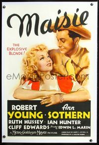 2x202 MAISIE linen 1sheet '39 great art of pretty blonde Ann Sothern and Robert Young in cowboy hat!