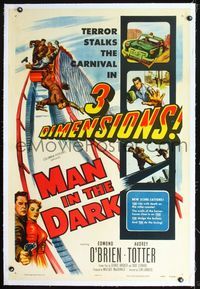 2x204 MAN IN THE DARK linen one-sheet '53 really cool 3-D art of men fighting on rollercoaster!