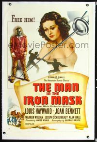 2x205 MAN IN THE IRON MASK linen one-sheet '39 art of prisoner Louis Hayward & sexy Joan Bennett!
