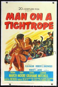 2x206 MAN ON A TIGHTROPE linen 1sh '53 directed by Elia Kazan, pretty circus performer Terry Moore!