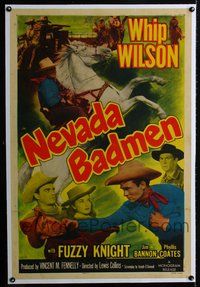 2x233 NEVADA BADMEN linen 1sheet '51 Whip Wilson with Phyllis Coates, punching bad guy & on horse!