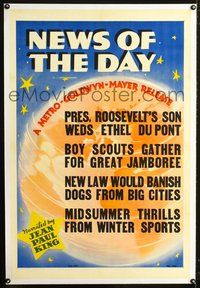 2x237 NEWS OF THE DAY linen 1sh '37 Roosevelt's Wedding, Boy Scout Jamboree, No Dogs in Big Cities!