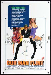 2x247 OUR MAN FLINT linen one-sheet '66 Bob Peak art of James Coburn, sexy James Bond spy spoof!
