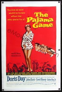 2x251 PAJAMA GAME linen one-sheet poster '57 sexy full-length image of Doris Day, who chases boys!