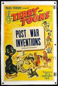 2x349 TERRY-TOONS linen one-sheet '45 Post War Inventions, cool art of Dinky Duck & other toons!