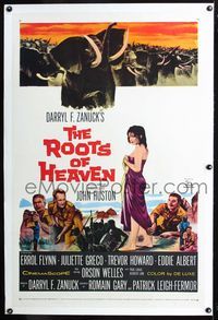 2x282 ROOTS OF HEAVEN linen one-sheet '58 John Huston, Errol Flynn & sexy Julie Greco in Africa!