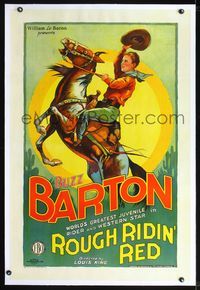 2x008 ROUGH RIDIN' RED linen B 1sheet '28 colorful stone litho of teen Buzz Barton on rearing horse!