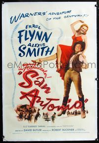 2x288 SAN ANTONIO linen 1sh '45 great full-length image of Alexis Smith on Errol Flynn's shoulder!