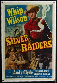 2x307 SILVER RAIDERS linen one-sheet '50 great image of Whip Wilson with smoking gun & Andy Clyde!