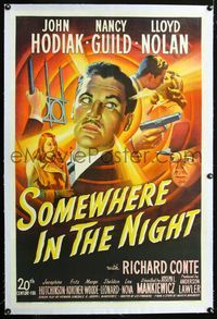 2x316 SOMEWHERE IN THE NIGHT linen one-sheet '46 John Hodiak, cool film noir stone litho montage!
