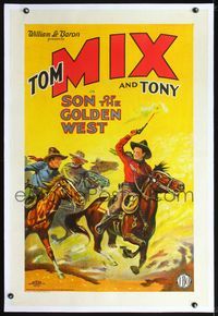 2x003 SON OF THE GOLDEN WEST linen style B 1sh '28 wonderful stone litho art of Tom Mix riding Tony!