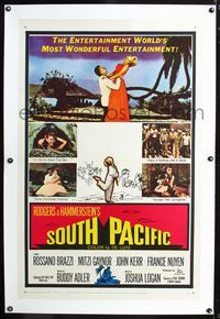 2x319 SOUTH PACIFIC linen one-sheet '59 Rossano Brazzi, Mitzi Gaynor, Rodgers & Hammerstein musical!