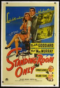 2x328 STANDING ROOM ONLY linen 1sheet '44 art of housemaid Paulette Goddard held by Fred MacMurray!