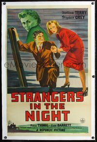 2x332 STRANGERS IN THE NIGHT linen one-sheet '44 cool stone litho of William Terry & Virginia Grey!