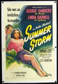 2x336 SUMMER STORM linen one-sheet '44 stone litho art of super sexy Linda Darnell & George Sanders!