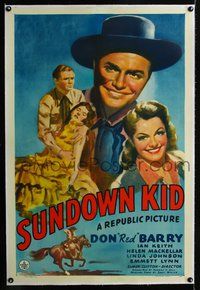 2x337 SUNDOWN KID linen one-sheet poster '42 great smiling close up artwork of Red Barry & co-stars!