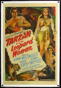 2x342 TARZAN & THE LEOPARD WOMAN linen style A 1sh '46 art of Johnny Weissmuller & sexy Acquanetta!
