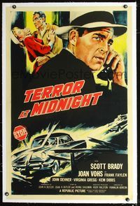 2x348 TERROR AT MIDNIGHT linen one-sheet '56 Scott Brady, Joan Vohs, film noir, cool car crash art!