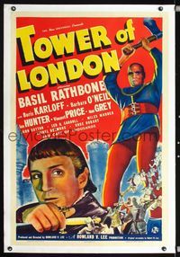 2x363 TOWER OF LONDON linen style A 1sh '39 great art of executioner Boris Karloff + Basil Rathbone!