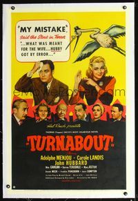 2x369 TURNABOUT linen 1sh '40 Carole Landis in Hal Roach's sex-switch comedy, daring for its time!