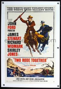 2x374 TWO RODE TOGETHER linen 1sh '60 John Ford, art of James Stewart & Richard Widmark on horses!