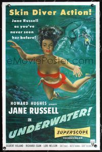 2x376 UNDERWATER linen one-sheet '55 Howard Hughes, sexiest artwork of skin diver Jane Russell!