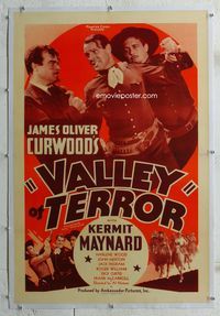2x379 VALLEY OF TERROR linen one-sheet '37 Kermit Maynard punching, written by James Oliver Curwood!