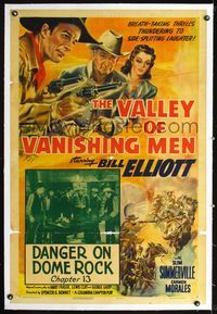 2x380 VALLEY OF VANISHING MEN linen Chap 13 1sheet '42 artwork of cowboy Wild Bill Elliot, serial!