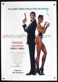 2x382 VIEW TO A KILL linen advance one-sheet '85 art of Moore as Bond & sexy Grace Jones by Gouzee!