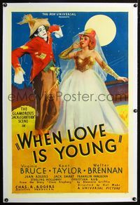 2x386 WHEN LOVE IS YOUNG linen one-sheet '37 wonderful art of glamorous Virginia Bruce & scarecrow!