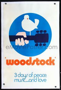 2x394 WOODSTOCK linen teaser 1sheet '70 classic art of dove on neck of guitar, peace, music & love!