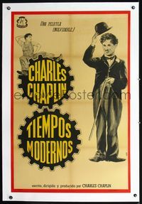 2y207 MODERN TIMES linen Argentinean poster R40s great full-length art of Charlie Chaplin by Aler!