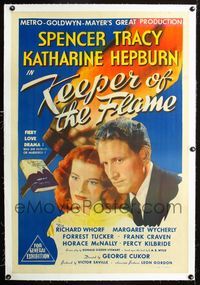 2y260 KEEPER OF THE FLAME linen Aust 1sh '42 great close up of Spencer Tracy & Katharine Hepburn!