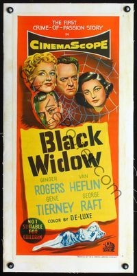 2y264 BLACK WIDOW linen Aust daybill '54 art of Ginger Rogers, Gene Tierney, Heflin & Raft in web!