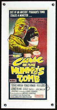 2y267 CURSE OF THE MUMMY'S TOMB linen Aust daybill '70s really cool artwork of mummy with pretty girl!