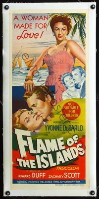 2y269 FLAME OF THE ISLANDS linen Aust daybill '55 sexy Yvonne De Carlo is a woman made for love!